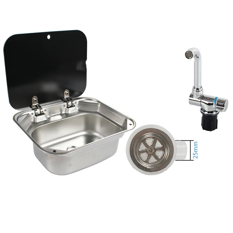 Home Improvement New 2021 Rv Caravan Marine Boat Stainless Steel Hand Wash Basin Sink With Folded Faucet Tempered Glass Lid