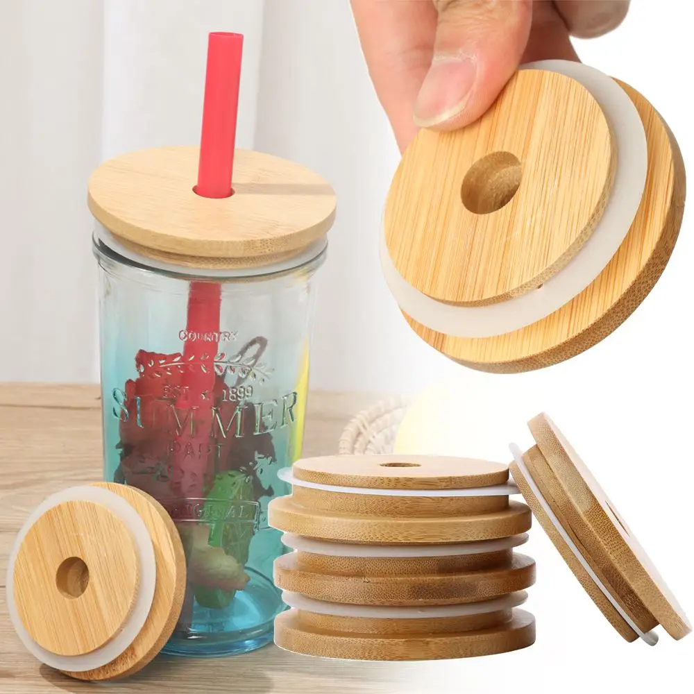 Reusable Storage Bottles Silicone Seal Ring Covers Caps With Straw Hole Wide Mouth Cup Bamboo Wood Lids Mason Jar Lid