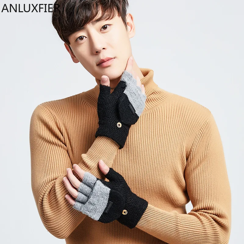 

H10037 Men Gloves Autumn Winter Flip Half Finger Knitting Mittens Korean Touch Screen Student Thickened Warm Riding Hand Muff