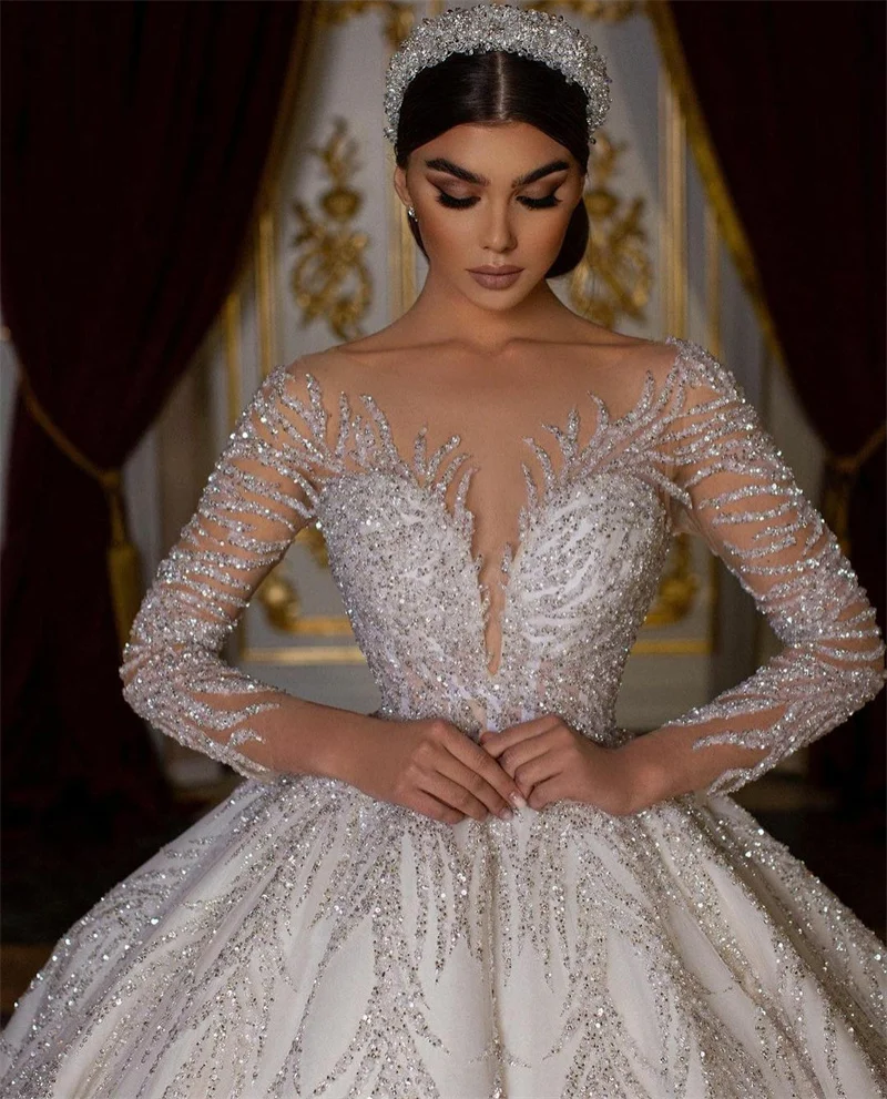 بريق شرارة فساتين الزفاف الخرز الترتر كم طويل زي العرائس طول الأرض مخصص عارية الذراعين Vestido de novia