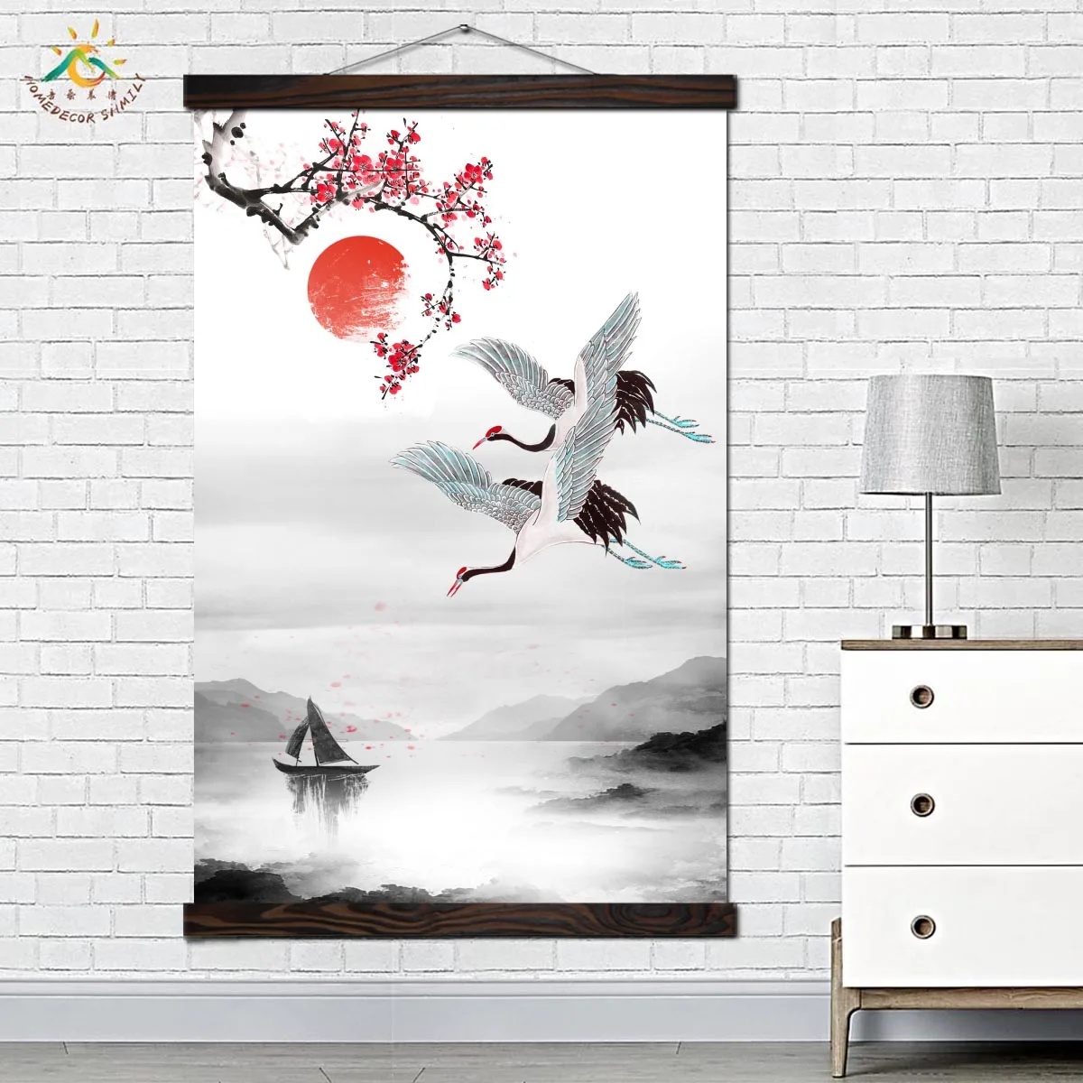 Modern Art Wall Art Posters and Prints Canvas Painting Decoration Pictures  Red Crowned Crane Ink Landscape for Living Room