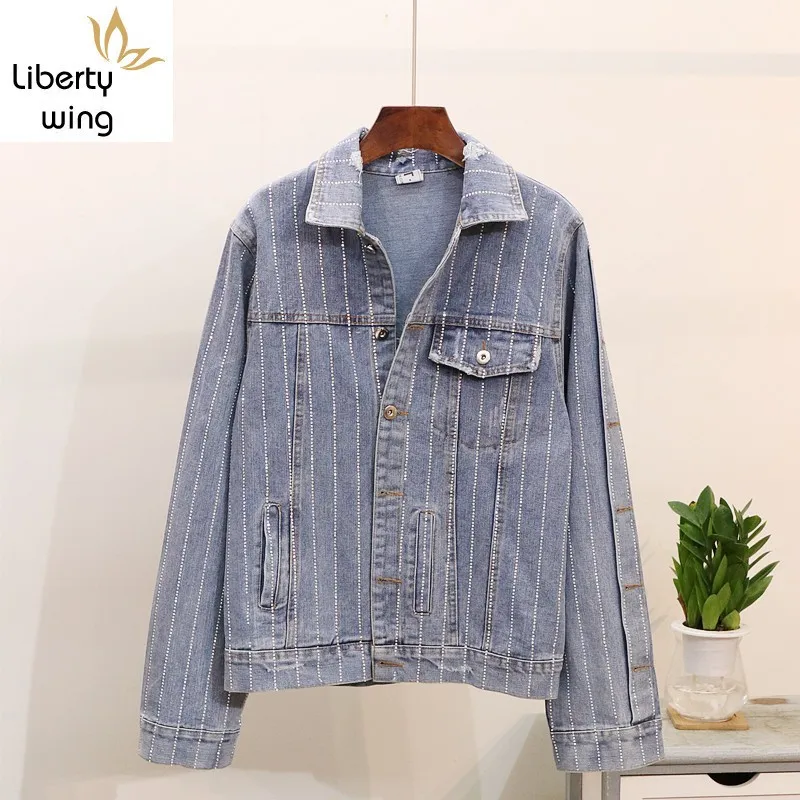

European Style Autumn Rhinestone Striped Loose Fit Denim Coat Female Street Hip Hop Diamond Frayed Jean Jacket Women Outwear