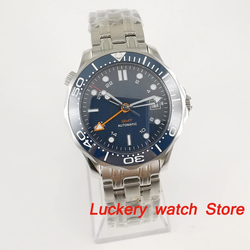 Bliger 41mm mens GMT watch blue dial saphire glass；Ceramic Bezel luxury Automatic movement men's watches