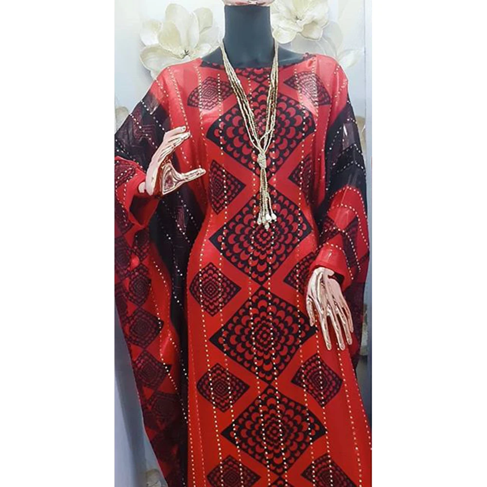 Fashion Muslim Clothes Women High Quality Round Neck Long Batwing Sleeve Loose Dubai Abaya Kaftan Dress Geometry Print For Party