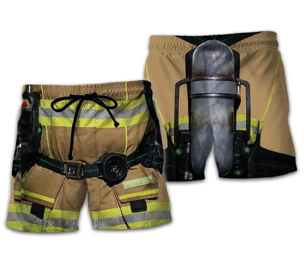 Cosplay Firefighting Summer Men Board Shorts 3D Printed Fashion Men's Firemen Shorts Boys Brown Trousers Plus Size 5XL Quick Dry