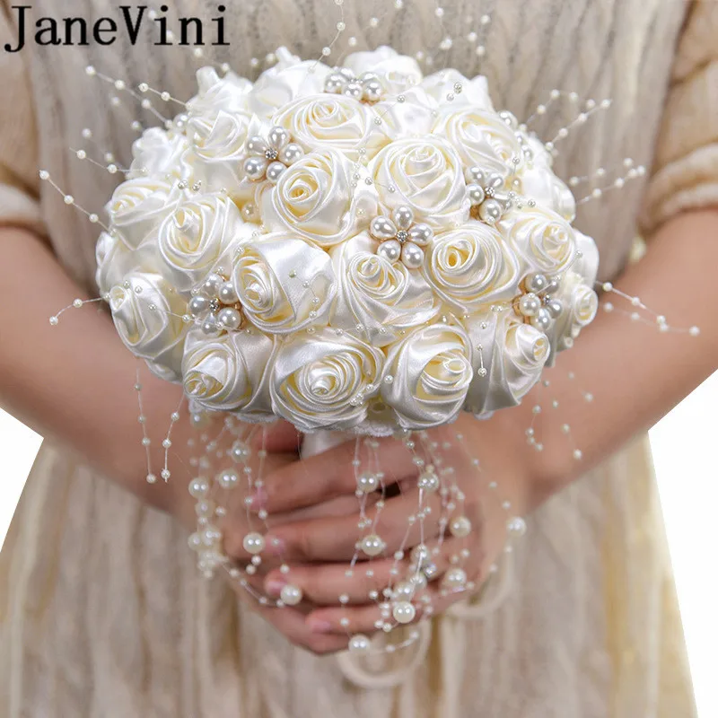 JaneVini 2020 ใหม่ดอกไม้ซาตินไข่มุกสีชมพู Wedding Bouquet คริสตัลเจ้าสาว Fleur artificielle สีขาวเข็มกลัด