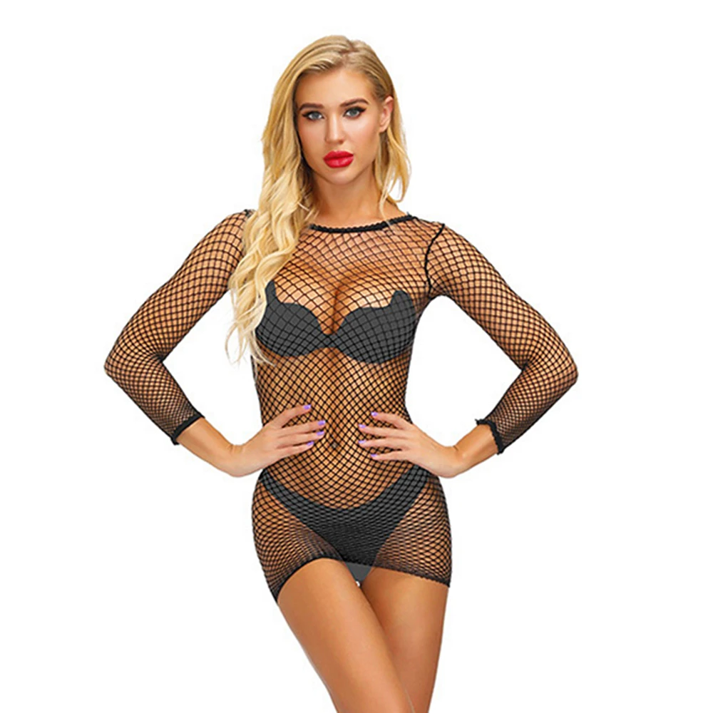 Sexy Fishnet Mesh Club Dress Summer Long Sleeve See Through Mini Dress Women Round Collar Ladies Dress Beach Plus Size Outfit