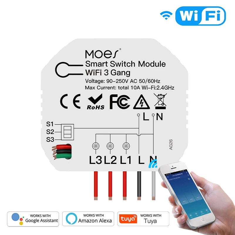 

Mini DIY WiFi Smart Light Switch 3 Gang 1/2 Way Module Smart Life/Tuya App Control Works with Amazon Alexa and Google Home