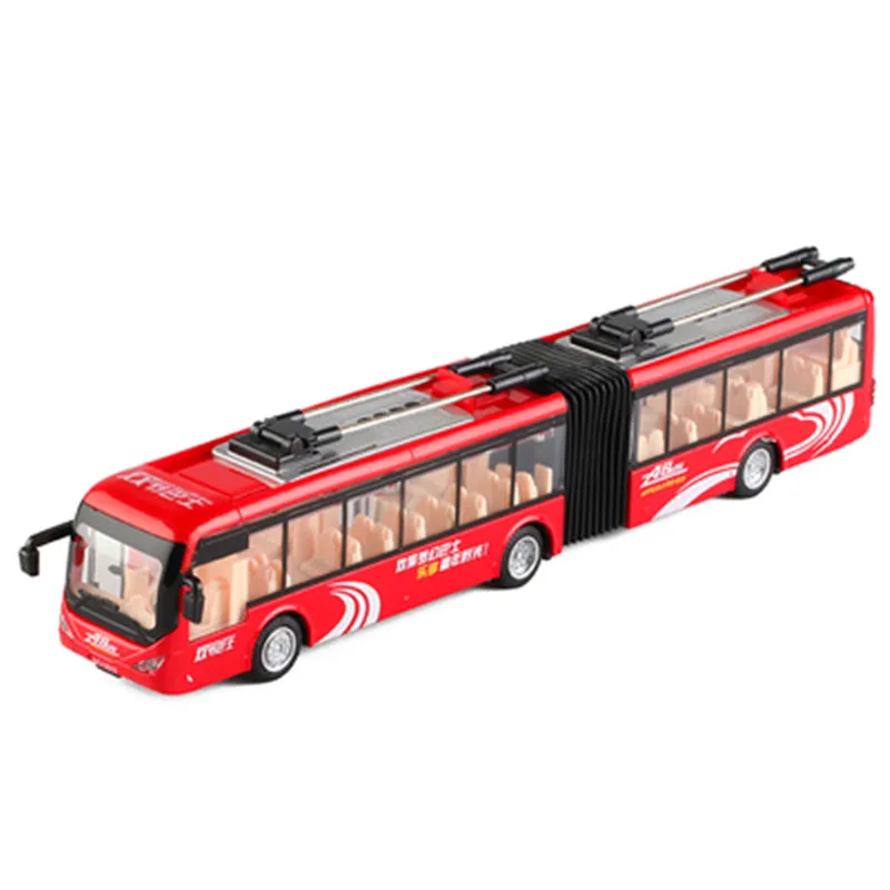 Double section length bus,1:50 alloy pull back Double section bus,High-quality sound and light music children\'s toys