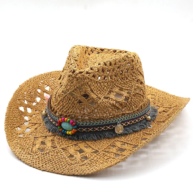 New Straw Western Cowboy Hat Hand Made Beach Felt Sunhats Party Cap For Man Woman Curling Brim Cap Sun Protection Unisex Hats