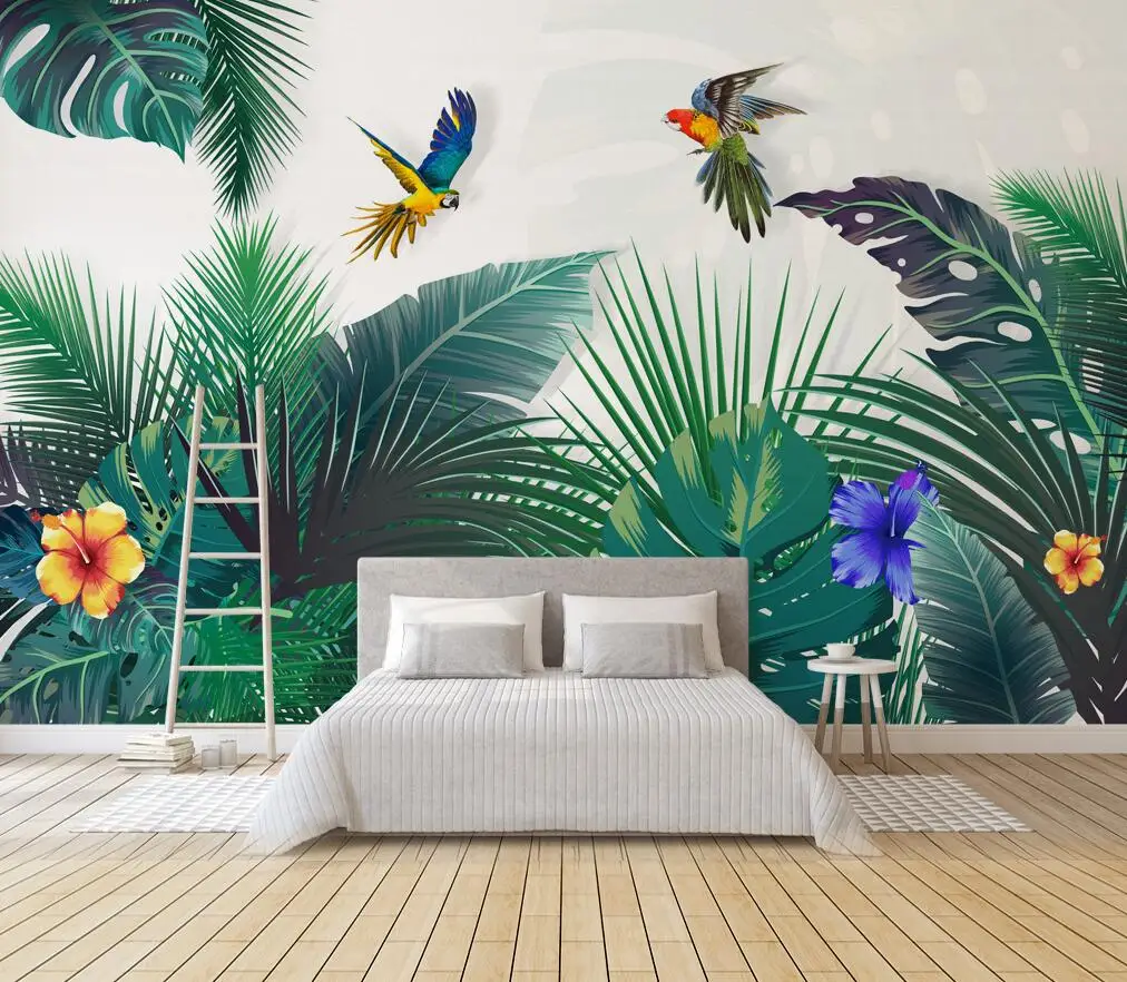 Custom size wallpaper Hand-painted tropical plants forest color parrot background mural banana leaf 3d wallpaper Decorative