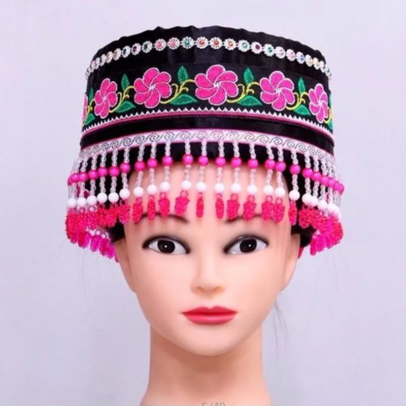 Adjustable Chinese Miao Minority Hats With Tassel For Children And Women Vintage National Dance Headdress Stage Performance Cap