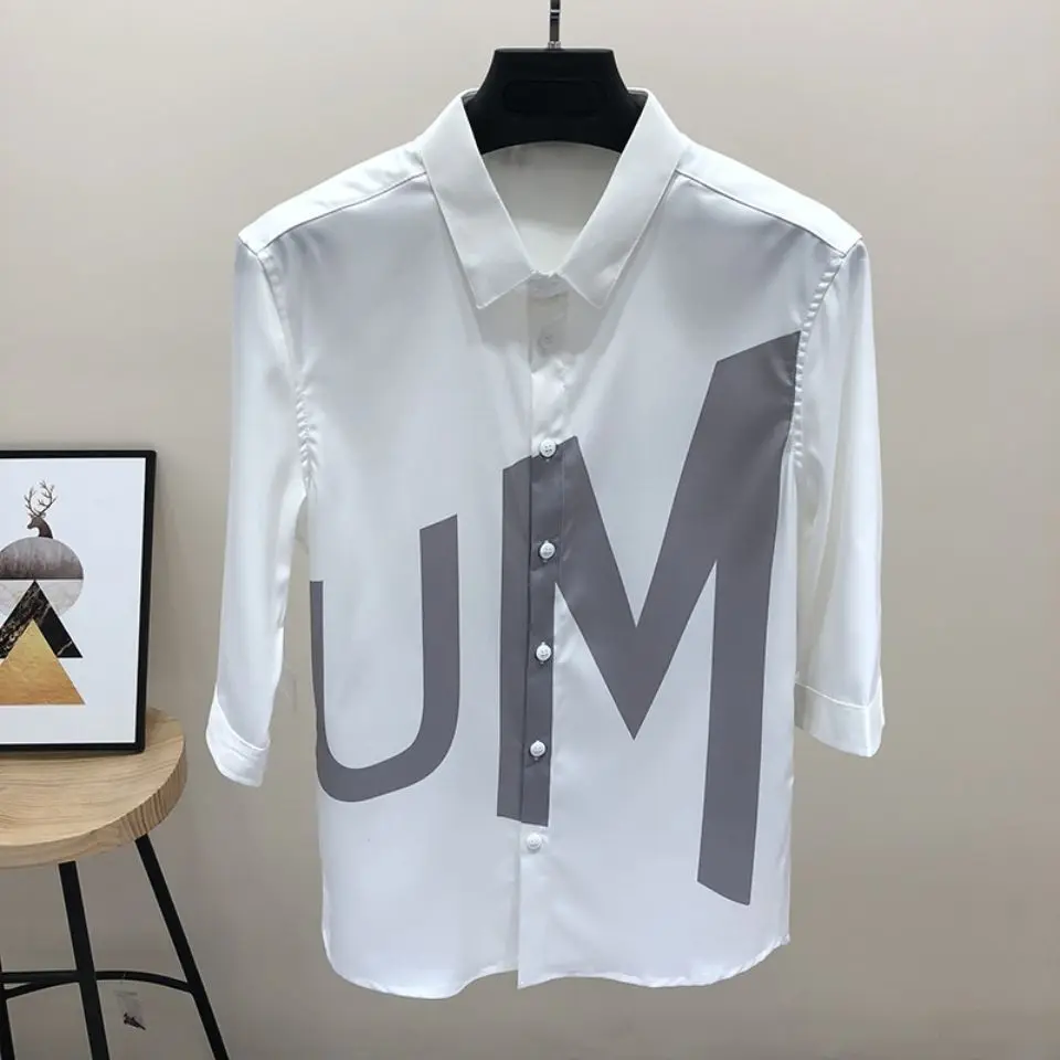 Summer men's shirt five-point sleeve shirt Korean fashion handsome printed shirt men's tide summer thin sleeve