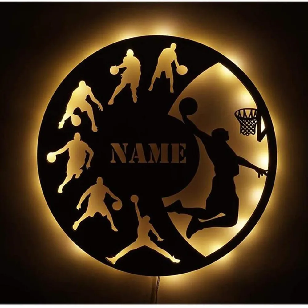 Personalized LED Wall Night Light Basketball Dunk Sign for Basketball Enthusiast Room Bedroom Decoration Custom Name Wooden Lamp