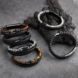 Cross Man's Bracelet Natural Stone Beads Genuine Leather Braided Stainless Steel 3 Adjustable Magnet Clasp Bangles For Men Gift