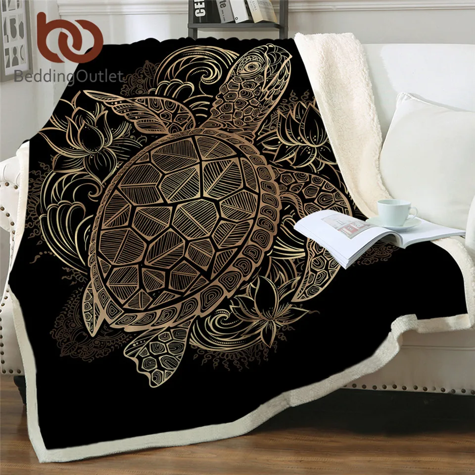 BeddingOutlet Animal Golden Tortoise Velvet Plush Throw Blanket Turtles Sherpa Blanket for Couch Flowers Lotus Soft Throw