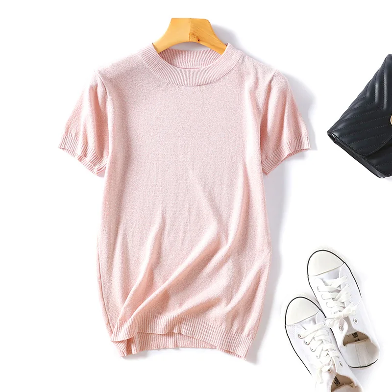 Suéter brillante de Lurex para mujer, jersey básico de manga corta con cuello redondo, Tops finos de punto de estilo coreano, 2021