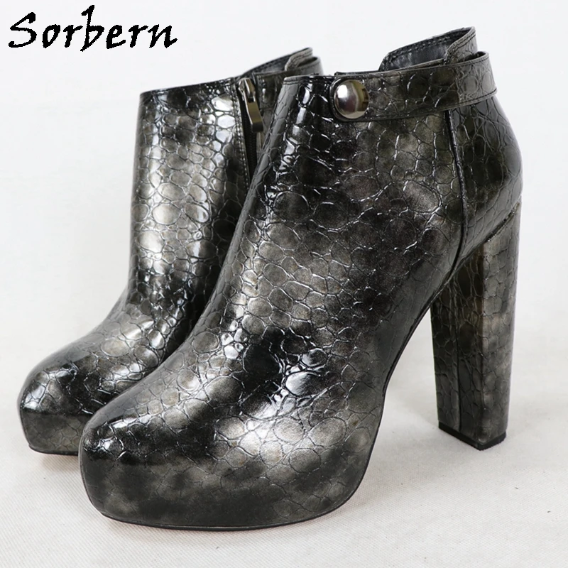 Sorbern Gradient Stone Grey Lady Boots Block High Heel Plus Size 42 Unisex Chunky Heel Shoes Platform Side Zipper Round Toe