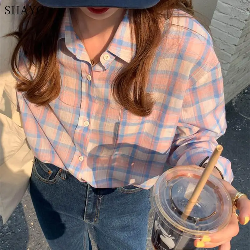 2021 Spring Autumn Women's Casual Blouse Korean Style Basic Plaid Shirt Women Outwear Long Sleeve Tops 7colors