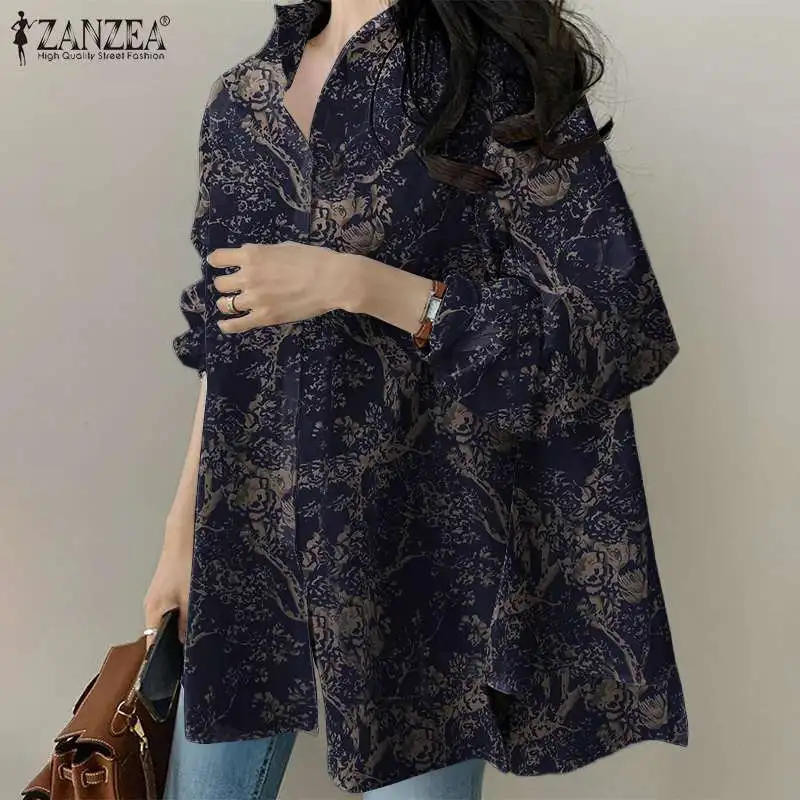 Autumn Office Work Bohemian Tops 2023 ZANZEA Floral Cotton Shirt Women Casual Long Sleeve Lapel Blouse Female Oversized Chemise