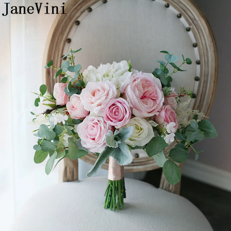 JaneVini 2021 Artificial Wedding Bouquet for Bride Pink Roses Silk Flowers kwiaty sztuczne Green Leaves Bridal Bouquets Brooch