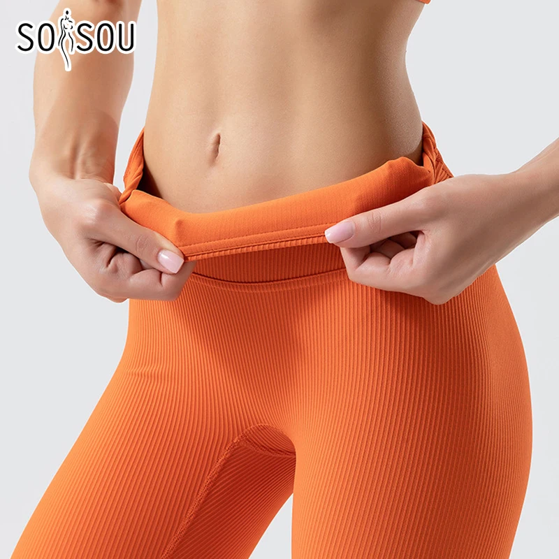 SOISOU Rib Fabric Gym Yoga Pants Leggings Women High Waist Tights Elastic Breathable Sports Leggings For Fitness Women\'s Pants