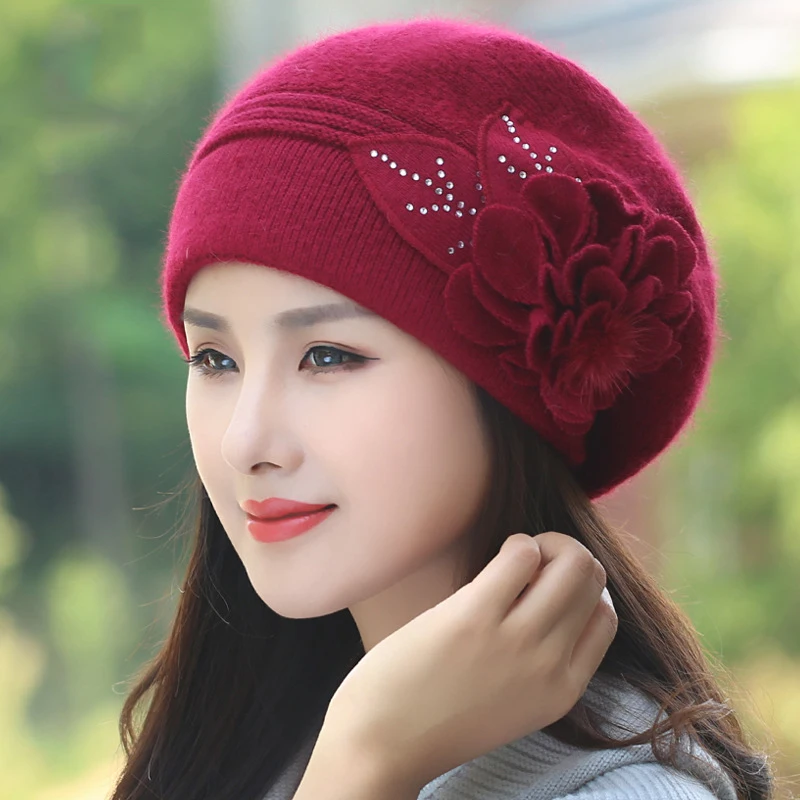 Beret Women Winter Hat Angora Knit Beanie Warm Autumn Flower Double Layers Skiing Outdoor Accessory For Female Headwear