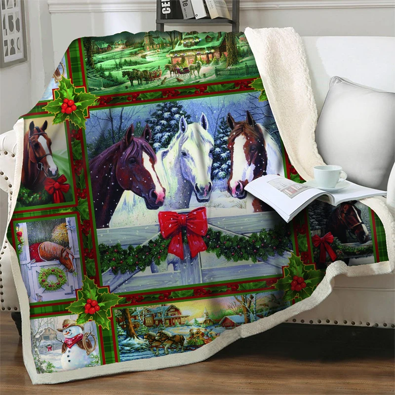 

Merry Christmas Sherpa Blanket For Sofa Car Bed Cover 3D Horse Fleece Plush Throw Nap Blanket Soft Warm Children Adult Bedspread