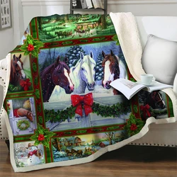 Merry Christmas Sherpa Blanket For Sofa Car Bed Cover 3D Horse Fleece Plush Throw Nap Blanket Soft Warm Children Adult Bedspread