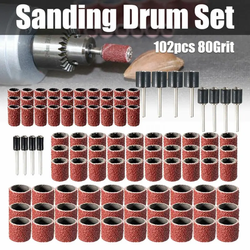 102Pcs Drum Sanding Sleeves Fit Sander Rotary Tool w/ 1/2 3/8 1/4 Inch Mandrels