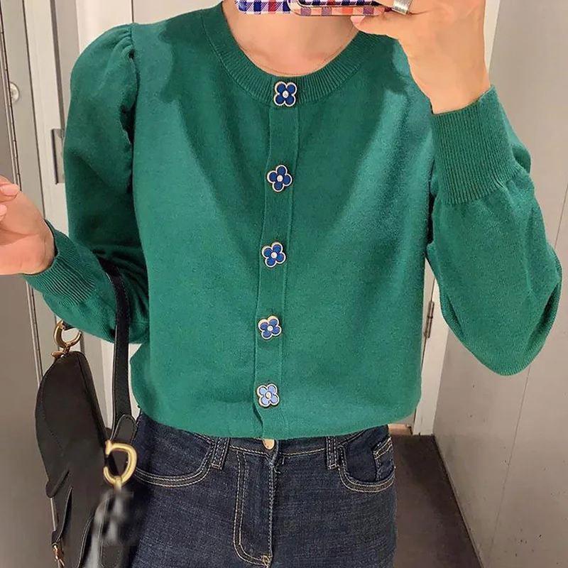 Chic Button Puff Sleeve Knitted  Sweater Korean Style women Pullover Femme Longue Tricot Crop Autumn Harajuku Black Jumper Green