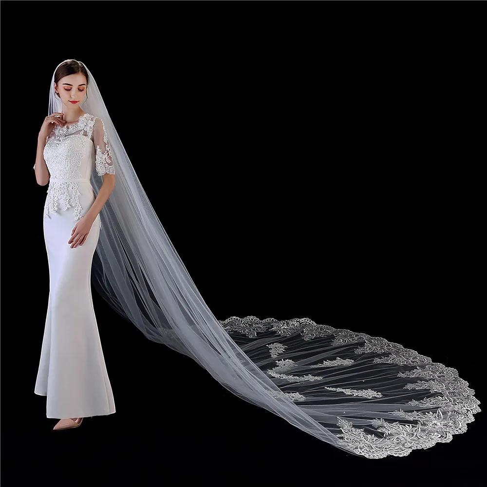 Braut Schleier 2021 Neue Luxus Hochzeit Klassische Spitze Rand Applizierte 3m Lange Kathedrale