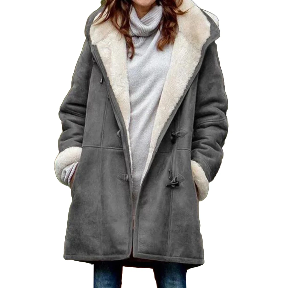 Abrigo largo con capucha para mujer, forro polar, hebillas de cuerno de Color sólido, cálido, informal, Invierno