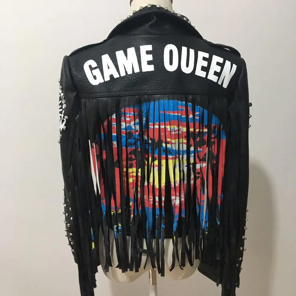 Autumn spring graffiti studs beading pu Leather Jacket female Punk Style Motorcyle tassel leather Jackets Coats Streetwear F802