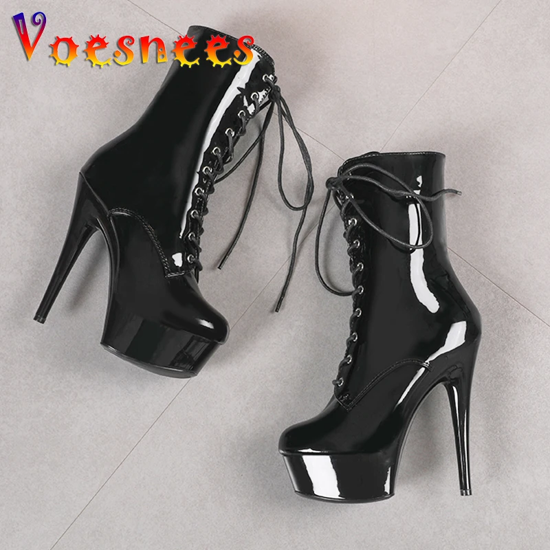 2022 New Women Heels Autumn Stiletto Women Boots Sexy Platform High Heels 15 17cm Lace-up Roman Boots Round Toe Black Women Shoe