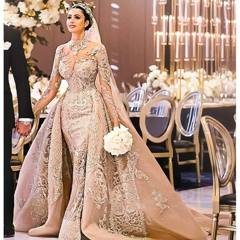 ที่กําหนดเอง 2025 หรูหราแขนยาว PUFFY ชุดแต่งงานคอสูงลูกไม้ Appliques เจ้าสาว Gowns กับกระโปรง Vestidos De Noiva