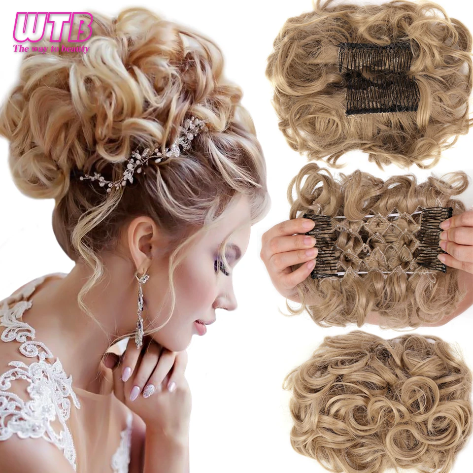 WTB Synthetic Messy Curly Chignon with Rubber Band Hair Bun Two Plastic Comb Clip In Updo Cover Hair Ponytail for Women 25 Color