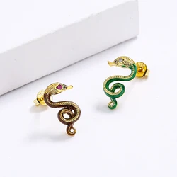 New Creative Handmade Brown And Green Snake Enamel Epoxy Earrings Colorful Asymmetric Earrings Ladies Party Birthday Jewelry Gif