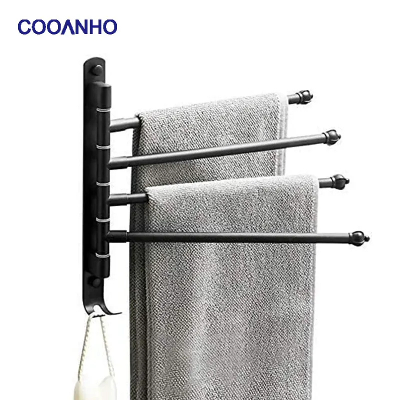 COOANHO Banyo Havlu Askısı, Döner Havlu Askısı, 4 Kollu Duvara Monte Havlu Çubuğu Banyoya Uygun Mat Siyah