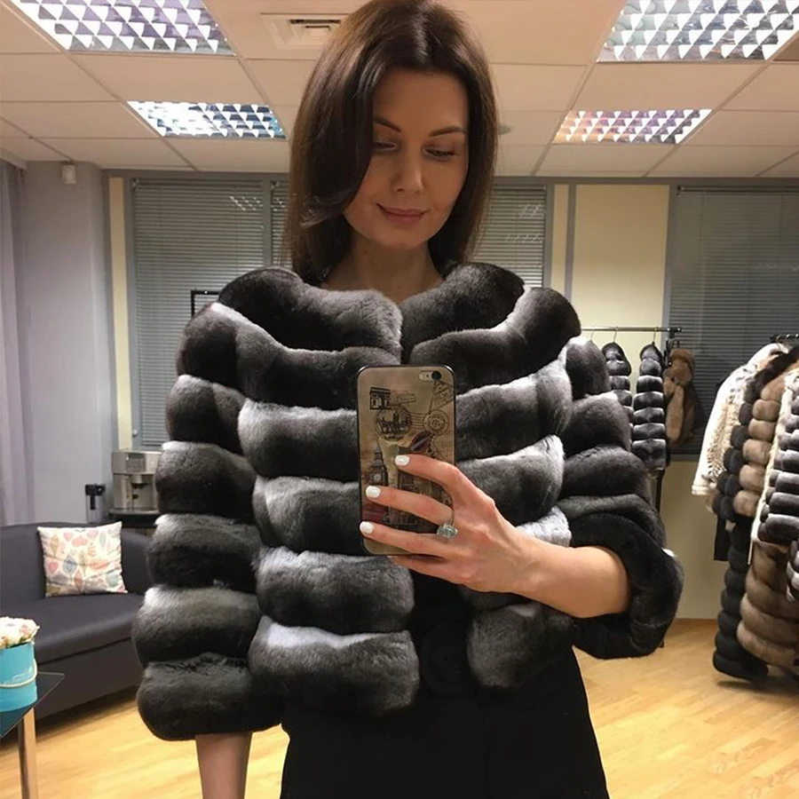 Women Fur Jacket Cropped Chinchilla Color Coat Latest Design Real Rex Rabbit Fur Outwear High Quality Free Shiping