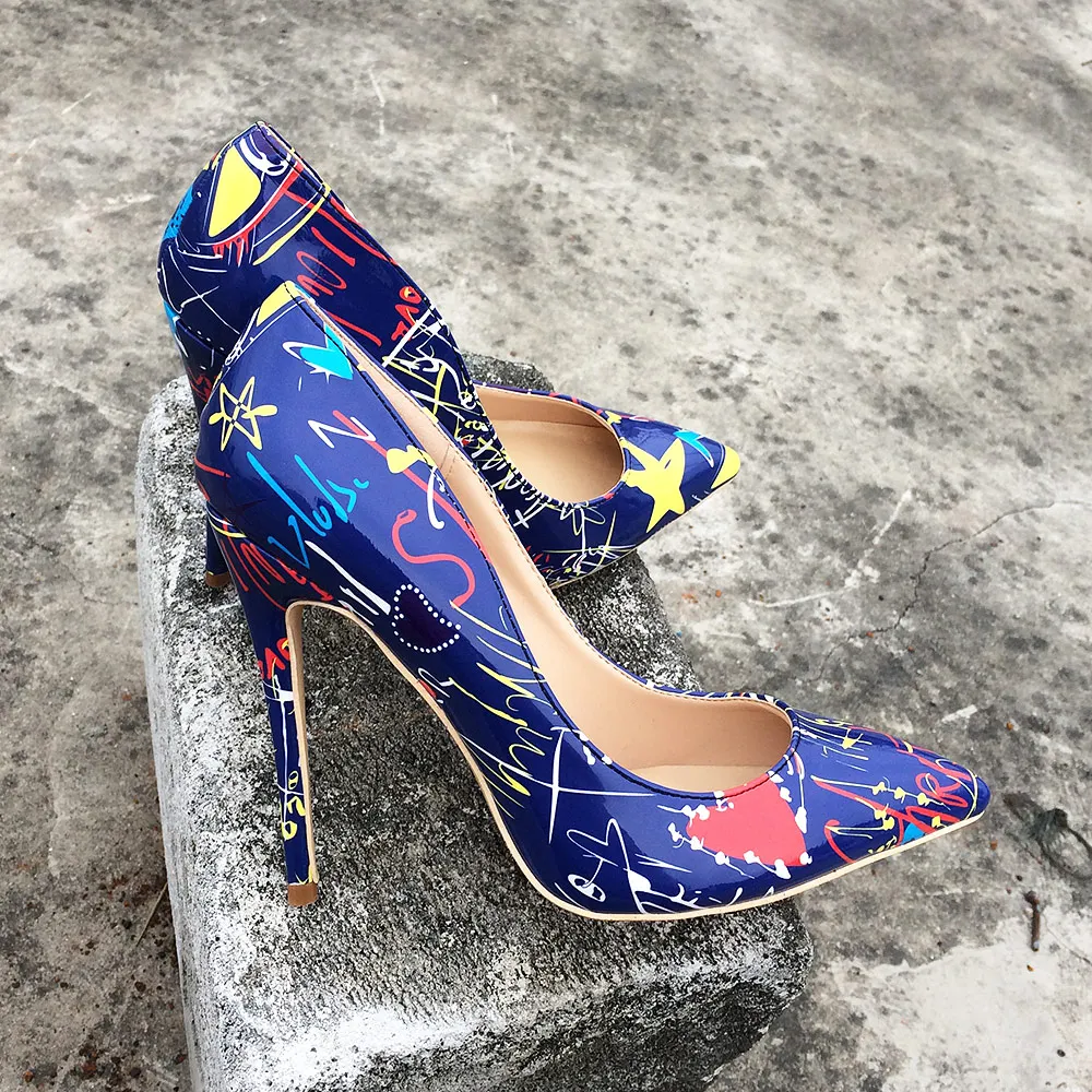 Veowalk Artistic Graffiti Colorful Women Pumps Sexy Stiletto high heels Spring Wedding Party Woman Shoes sapato feminino Blue