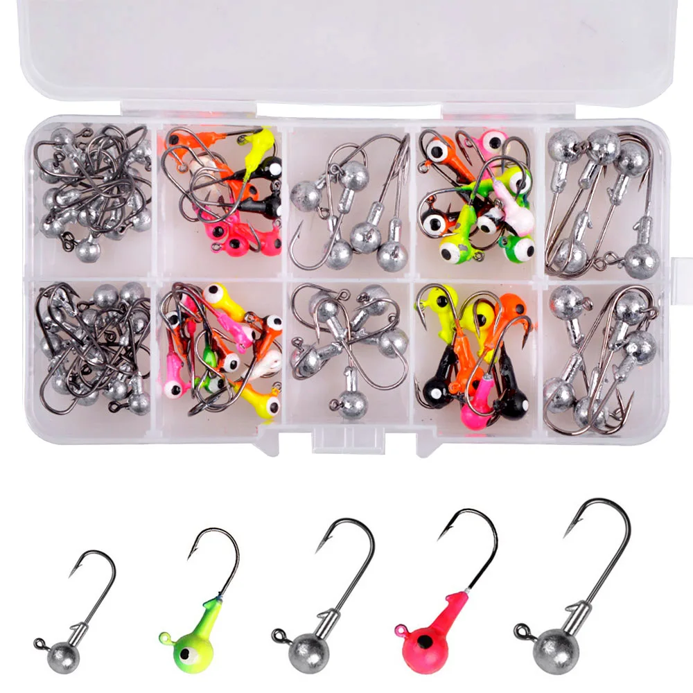 80Pcs/box Lead Jig head Fishing hook set Soft worm bait Bass Jig Fish hooks Trout lure Fishing rig Barbed hook