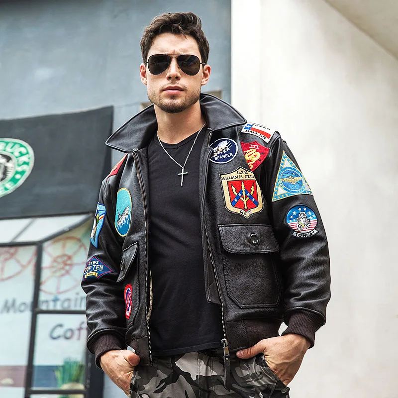Dark Brown Military Style Pilot Leather Jacket Men Genuine Thick Natural Cowhide Winter Warm TOP GUN Aviation Coat