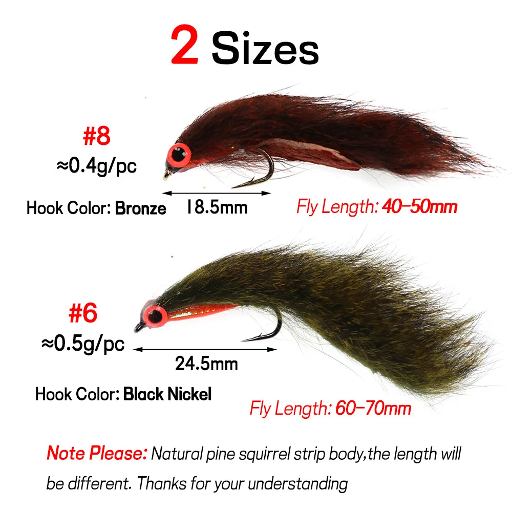 Bimoo 4PCS #6 #8 Olive/Red-Brown Squirrel Strip Zonker Fly Streamers with 3D Luminous Eye Trout Pike Bass Fishing Lure Bait