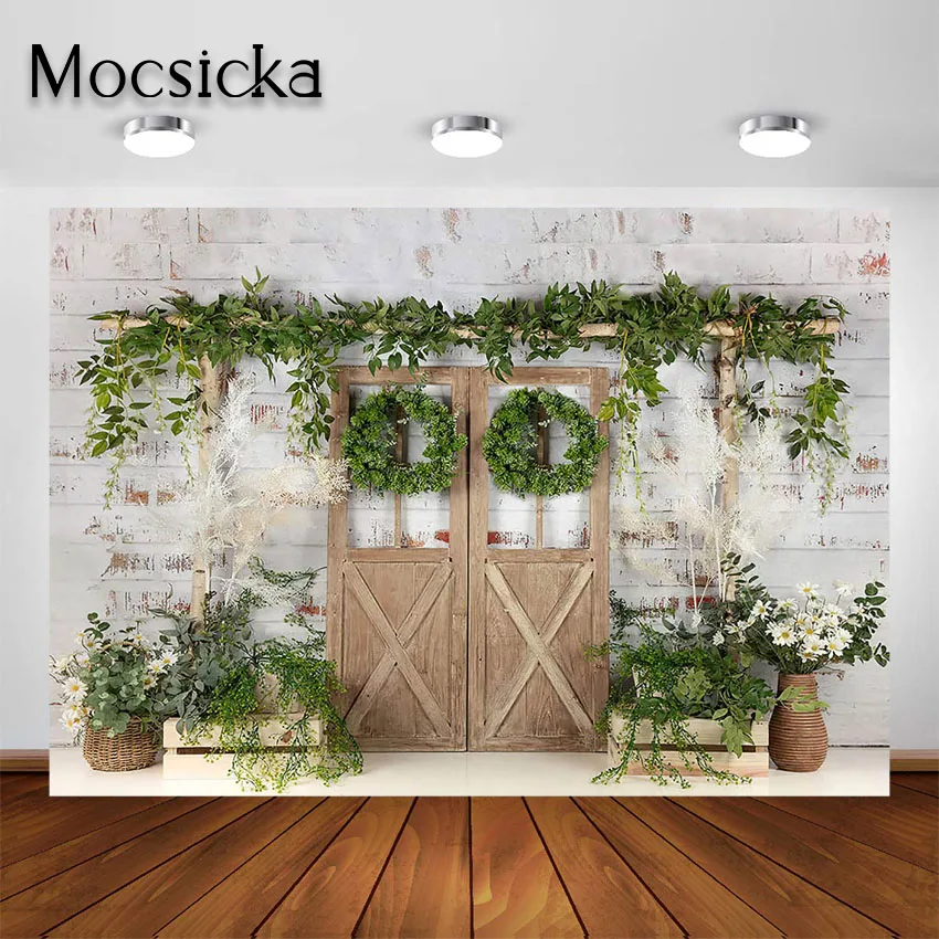 

Mocsicka Photography Backdrop White Brick Wall Wood Door Green Garland Christmas Photo Background Photoshoot Photo Studio