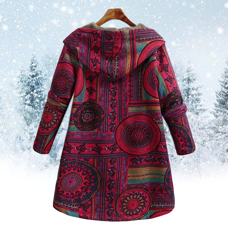 Vintage Women Winter Warm Floral Print Hooded Jacket Casual Long Sleeve Bohemia Faux Fur Ling Coat Ladies Loose Plush Outerwear