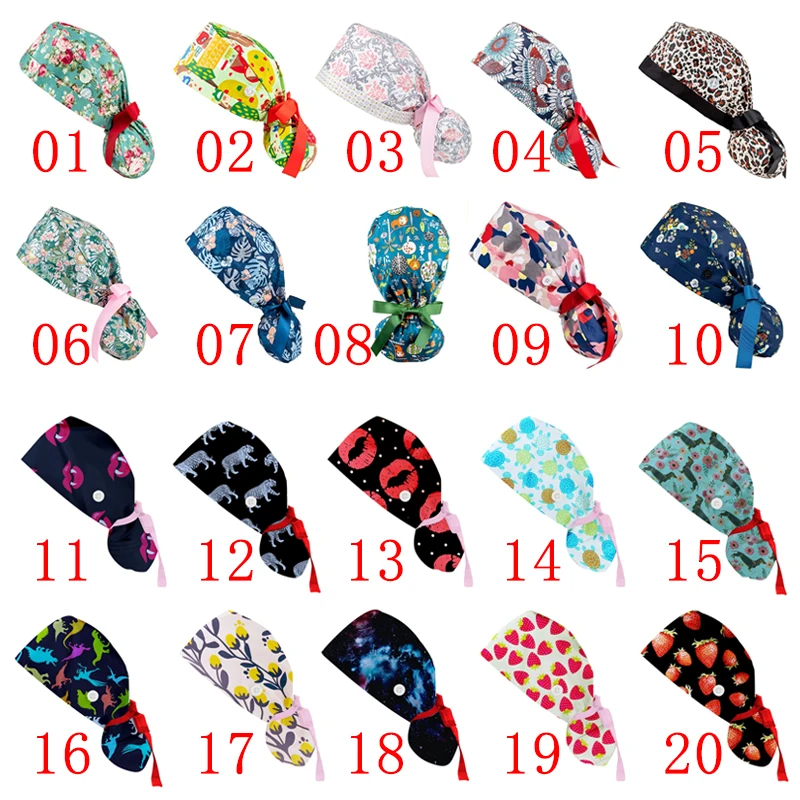 17 Colors Multi-purpose Adjustable Ribbon Tie Printed Button Hat Comfortable Moisture Wicking Unisex Medical Clean Cook Work Cap