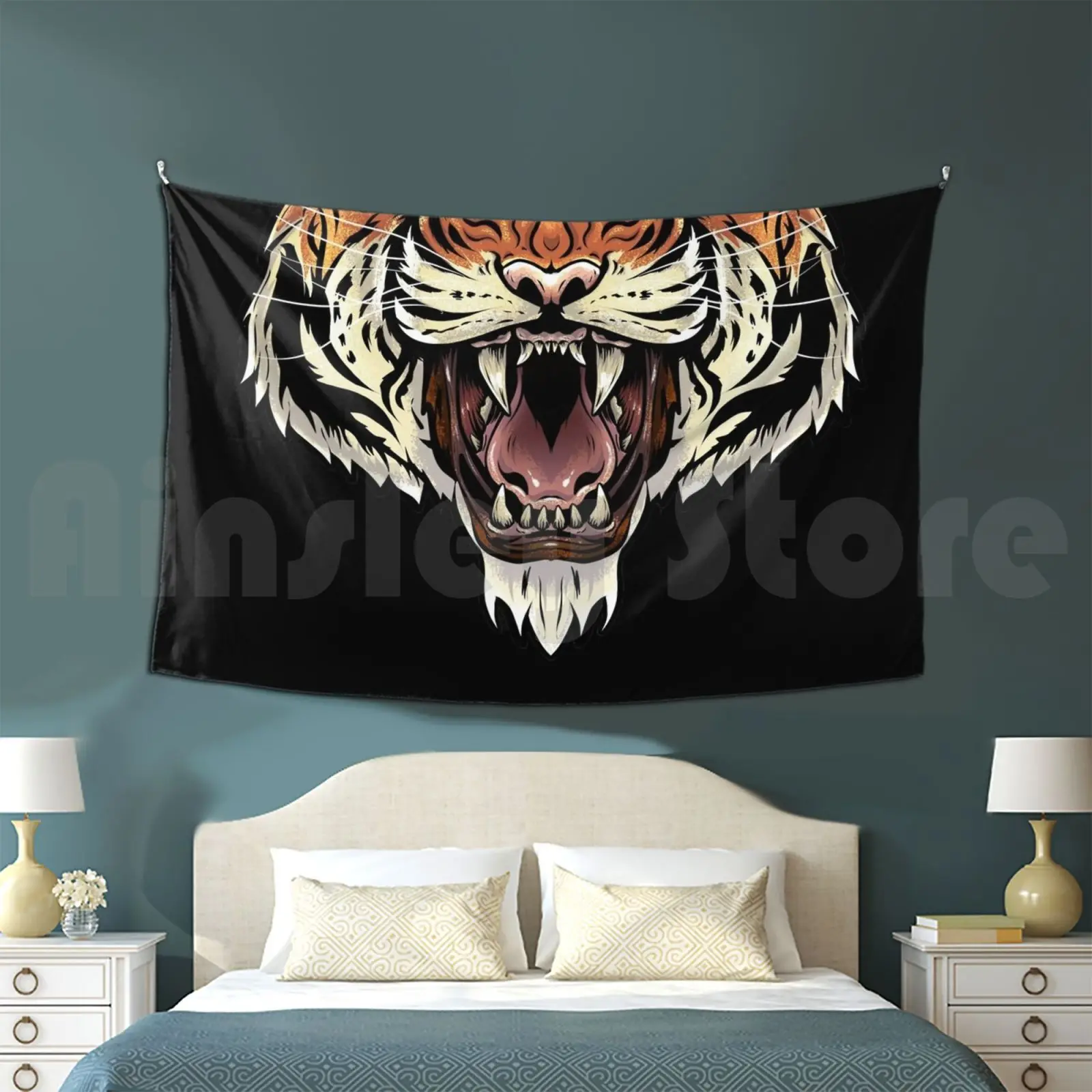 Tiger Tapestry Living Room Bedroom Tiger Tattoo Tribal Orange Stripes Stippling Fierce Powerful Teeth Mouth Scary