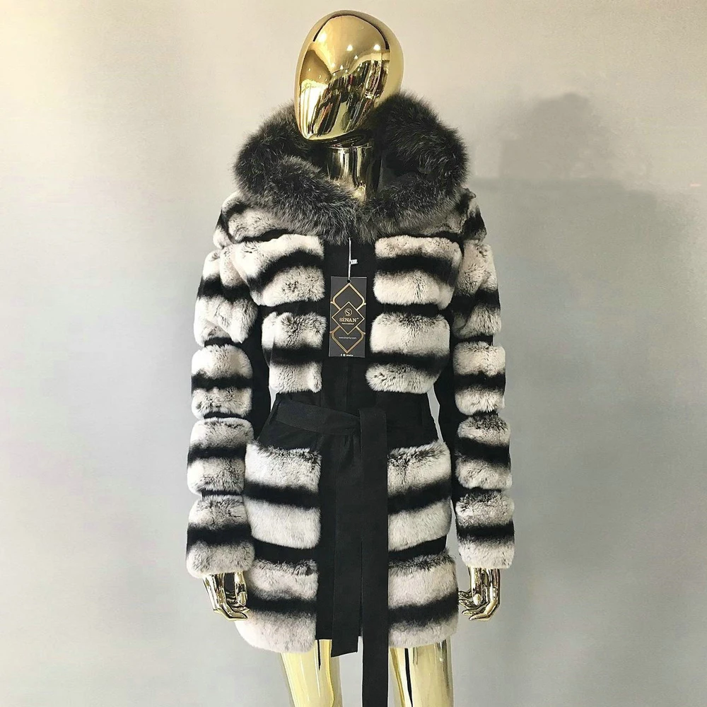 Giacca da donna in pelliccia di coniglio Rex naturale con cappuccio in pelliccia di volpe argentata spessa calda donna capispalla invernale nuovo cappotto di pelliccia di coniglio Rex alla moda