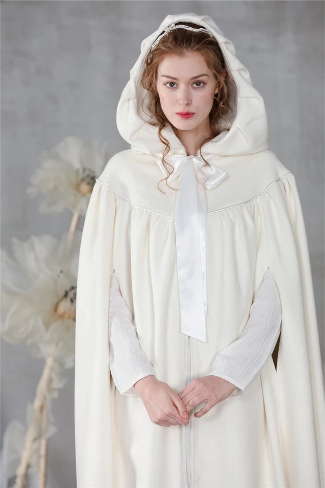 2024 Winter Warm White Velvet Wedding Hooded Cloak Bridal Cape with Hood Coat Robe Custom Made Cosplay Wraps